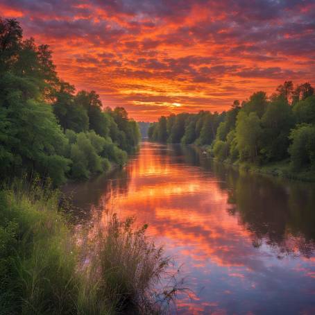 Colorful Sunrise and Sunset Over Wide River Vibrant Reflections