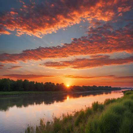 Colorful Sunset and Sunrise Over River Wide River and Vibrant Sky