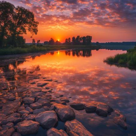 Colorful Sunset and Sunrise Over Wide River Vibrant Reflections