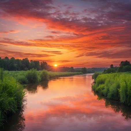 Colorful Sunset Over a Wide River Vibrant Sunrise Reflection