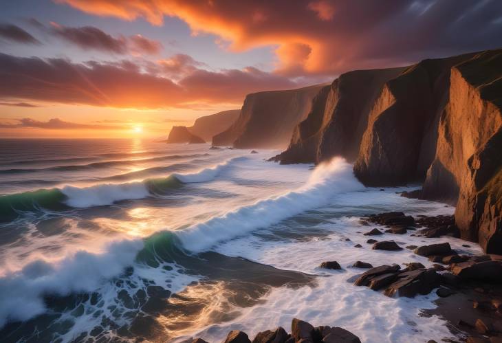 Colorful Sunset Over Dramatic Coastal Cliffs and Waves