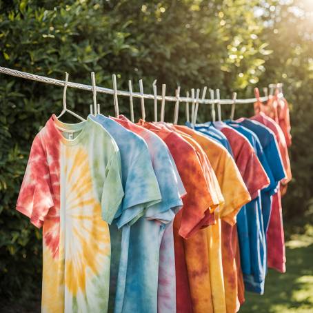 Colorful Tie Dyed T Shirts Hanging to Dry in the Sunlight