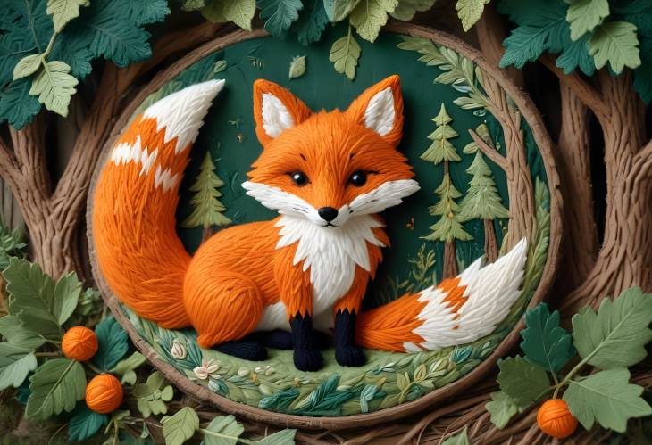 Colorful Wool Fox in Detailed Needlework on a Textured Forest Background with a Cozy Hand Stitched