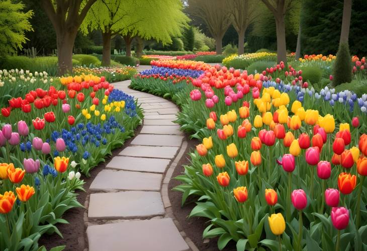 Colourful Tulips Flowerbeds and Stone Path in a Spring Formal Garden, Vibrant and Elegant