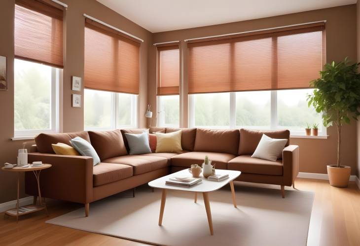 Comfortable Living Room with Cozy Brown Couch, Artwork, and Big Window with Blinds for Brightness