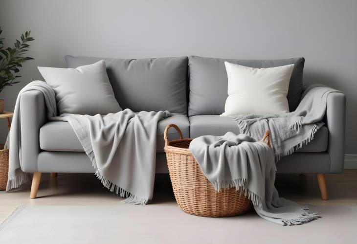 Comfortable Living Room with Grey Sofa, Basket, and Soft Blanket in Light Modern Setting