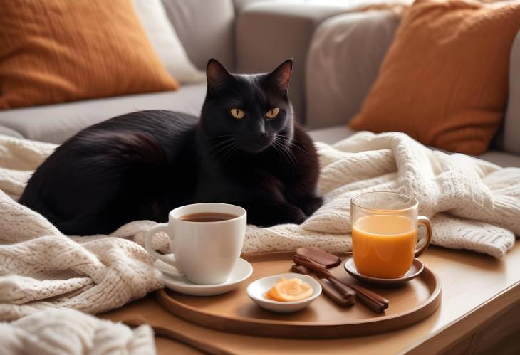 Comforting Autumn Living Room Black Cat on Sweater, Tea Cup on Tray, Breakfast on Coffee Table