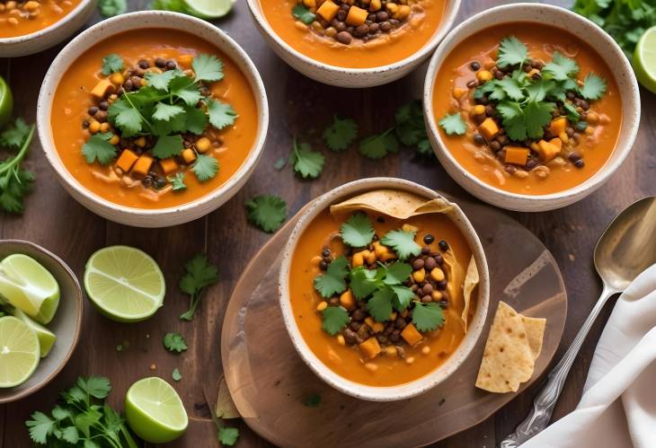 Comforting Bowls of Smoky Sweet Potato and Lentil Tortilla Soup with Lime and Cilantro