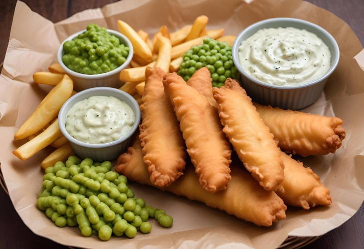 Comforting Fish and Chips with Tartar Sauce and Mushy Peas