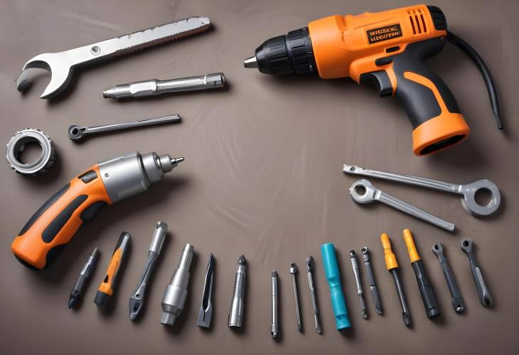 Comprehensive View of Cordless Drill, Monkey Spanner, and Various Tools in a Professional Setting