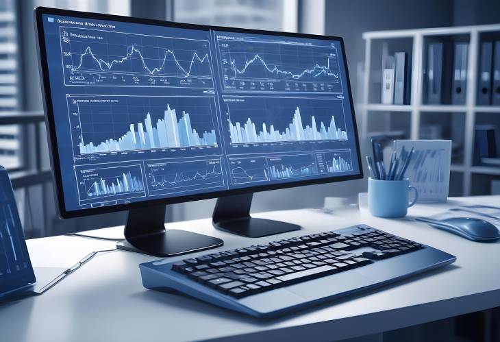 Computer on table with charts and graphs, bluetoned office backdrop, analysis and business statist