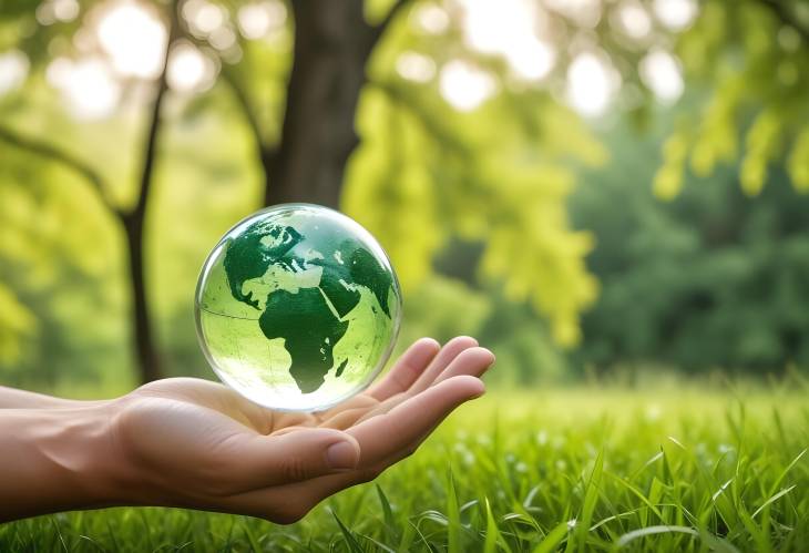 Concept of Earth Preservation Man Holding Glass Globe with Green Bokeh Background