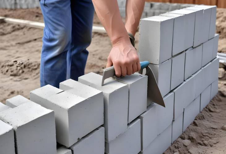 Construction Professional with Trowel Working on Aerated Concrete Block Wall at Job Site