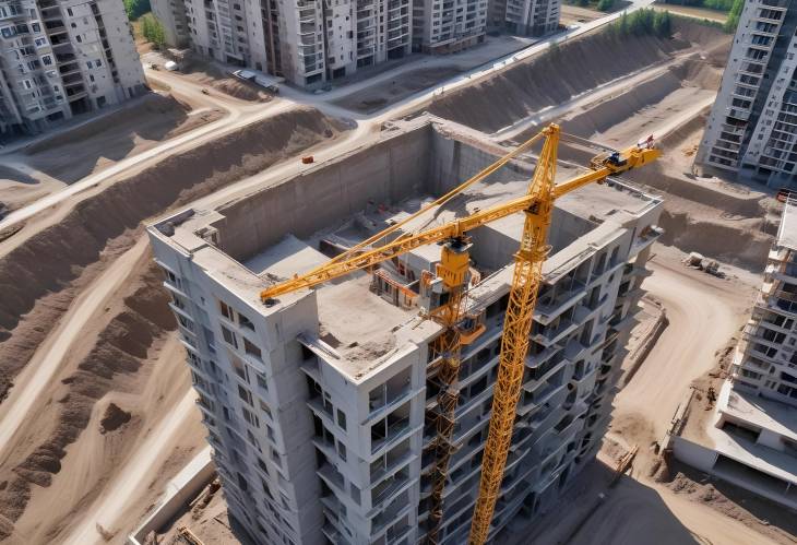 Construction Site with Tower Cranes and Heavy Machinery, Aerial View of MultiStorey Building Deve