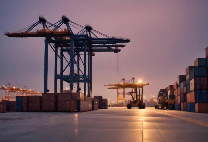 Container Terminal at Dusk Cranes and Forklifts in Action Amidst Evening Glow