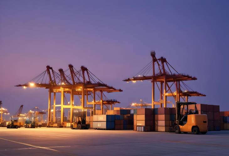 Container Terminal at Dusk The Buzz of Cranes and Forklifts in the Twilight