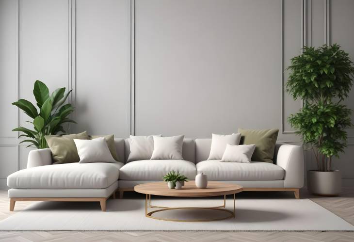 Contemporary 3D Interior Rendering Elegant Sofa and Plant in Virtual Design Space