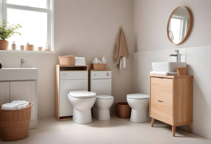 Contemporary bathroom with drawers, toilet, and laundry basket, ideal for a stylish and organized s