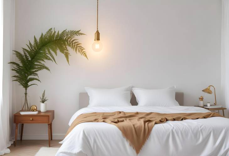 Contemporary Bedroom with Simple Rope Hung Bulb Lamp, White Bedclothes, Books, and Gold Fern Leaf