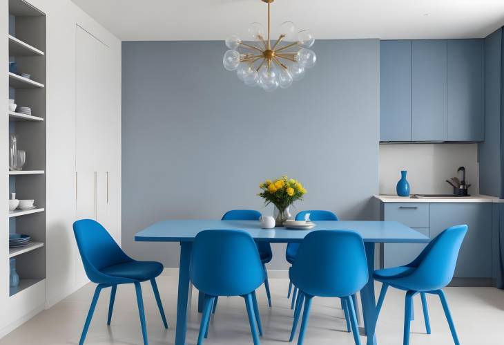 Contemporary Bright Dining Room Blue Table and Chairs in Modern Flat Interior Design