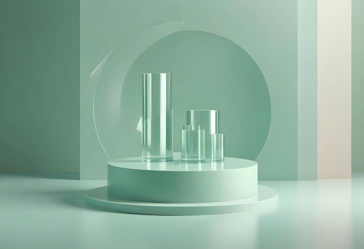 Contemporary Cylinder Abstract Scene with Glass Podium and Green Pastel Studio for Cosmetic Product