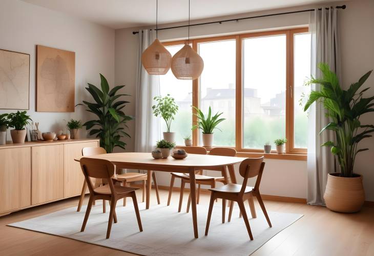 Contemporary Dining Room with Wooden Table, Lots of Plants, Map Poster, and Elegant Accessories