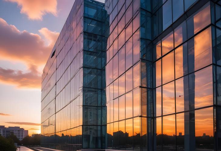 Contemporary Glass Building Showcasing Reflections of Evening City and Sunset