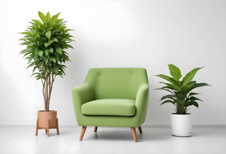 Contemporary Green Armchair with a Potted Plant Isolated on a White Background