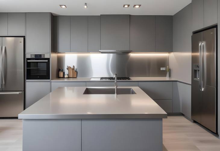 Contemporary Grey Kitchen with Stainless Steel Appliances in Luxury Apartment Setting