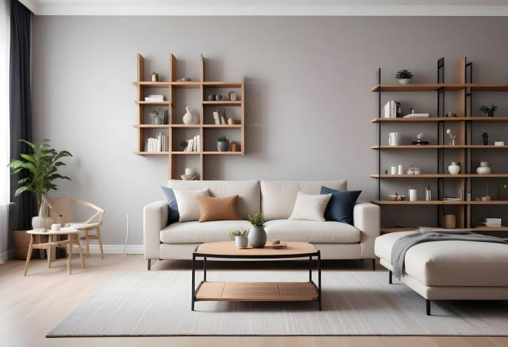 Contemporary Light Living Room with Cozy Couch, Coffee Table, and Modern Shelving Unit