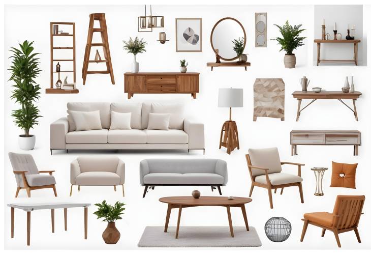 Contemporary Living Room Design Collage with Flexible Furniture and Decor Elements on White Back