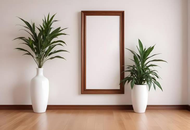 Contemporary Living Space White Classic Wall, Brown Parquet Floor, Frame Detail, and Elegant Plant