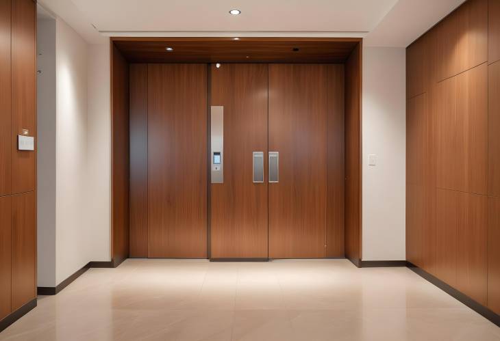 Contemporary lobby with wood finishes and modern elevator in apartment building