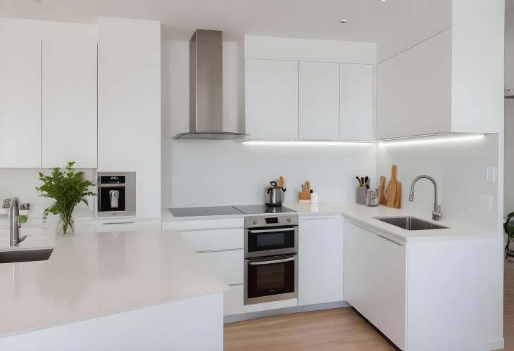 Contemporary Open Concept Kitchen with White Cabinets and Clean Countertop in Modern Apartment