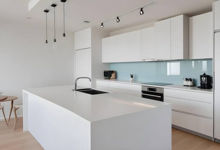 Contemporary Open Plan Kitchen with Clean Countertop, Modern Appliances, and White Cabinets