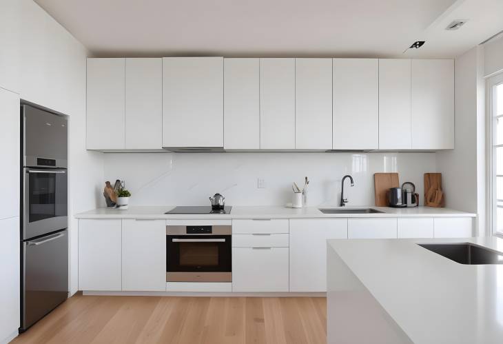 Contemporary Open Plan Kitchen with White Cabinets, Modern Appliances, and Clean Countertop