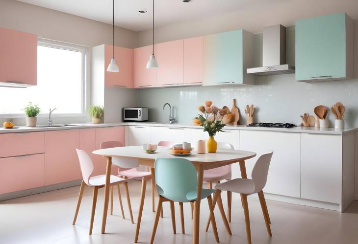 Contemporary Pastel Kitchen Empty Dining Table with Matching Chairs and Modern Decor