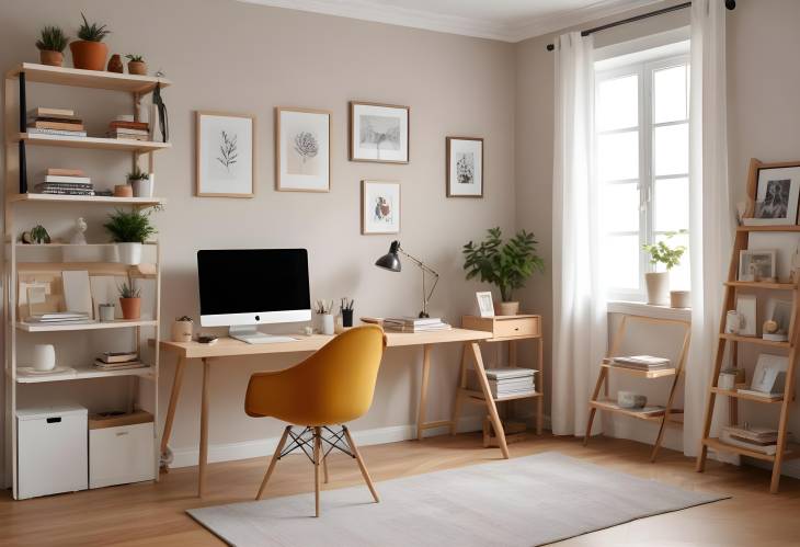 Contemporary Room with Comfortable Designer Workplace Stylish Desk, Ergonomic Chair, and Modern HoME