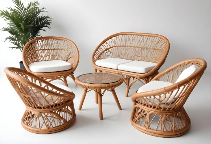 Contemporary Set of Rattan Furniture on White Background  Perfect for Stylish Interiors