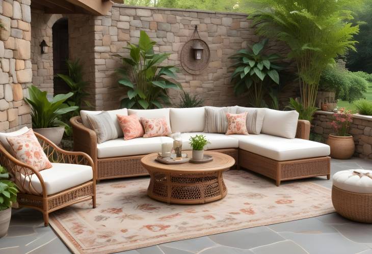 Contemporary Spring Patio Rattan Sectional, Wicker Chairs, Botanical Rug, Stone Wall and Decor