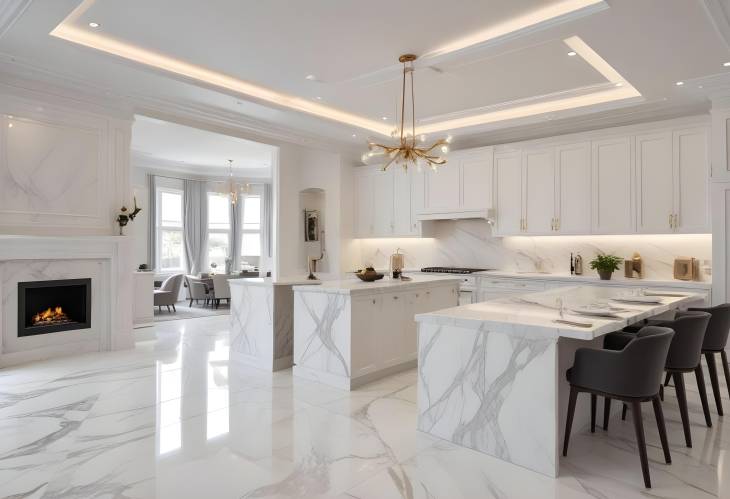 Contemporary White Marble Kitchen with Dining and Living Areas Luxury Home Design Excellence