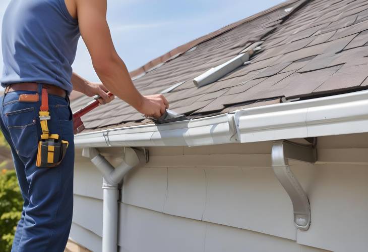 Contractor at Work Installing Aluminum Rain Gutters and Down Spouts on Residential Building