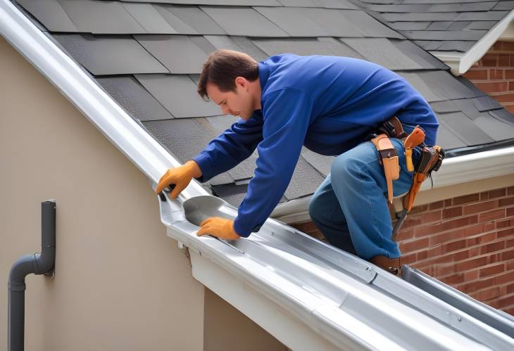 Contractor Installing Aluminum Rain Gutters and Down Spouts on Residential Roof