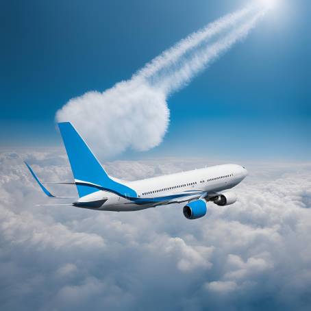 Contrail from Airplane in Blue Sky Stream of Ice Crystals from Jet Engine Exhaust