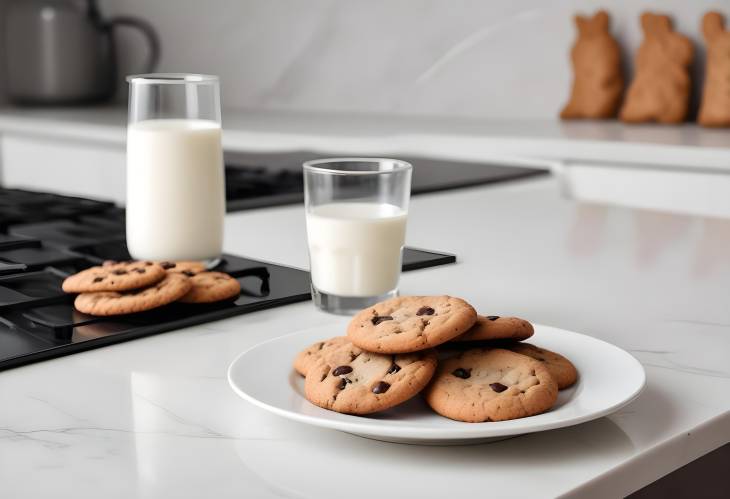 Cookies and milk on plate in a modern kitchen, the perfect treat for a cozy moment