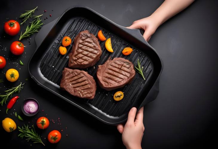 Cooking Beef Steak on Grill Pan by Chef Hands