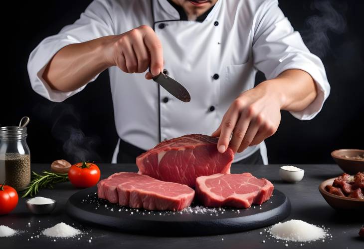 Cooking Meat Steak Chefs Hands with Salt and Pepper