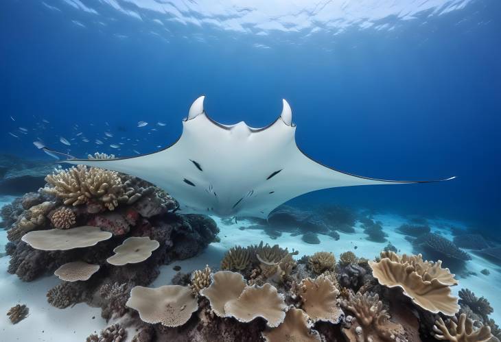 Coral Reef with Pelagic Manta Ray and Colorful Coral Fish, Maldives, Indian Ocean