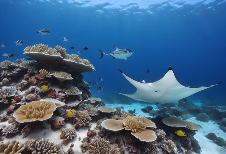 Coral Reef with Pelagic Manta Ray and Tropical Fish, Maldives, Indian Ocean