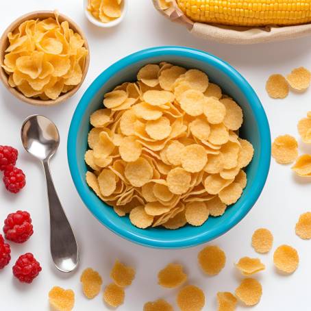 Corn Flakes and Spoon in Bowl on White Background, Isolated Cereal for Breakfast, Fresh and Crunchy